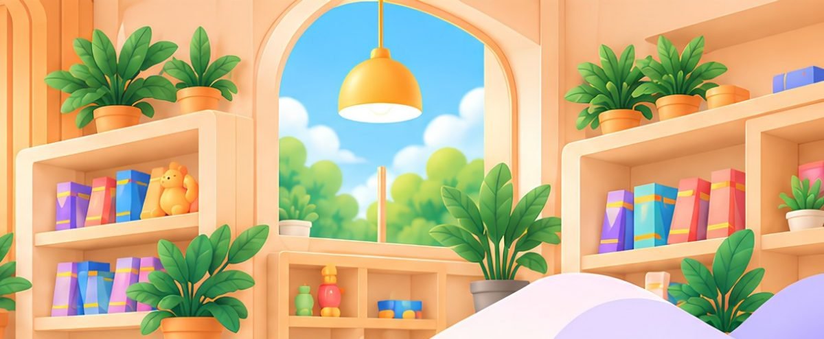 Sunlit classroom with plants and bookshelves