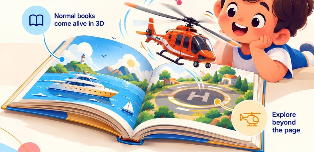 Open storybook with a 3D helicopter and boat coming alive