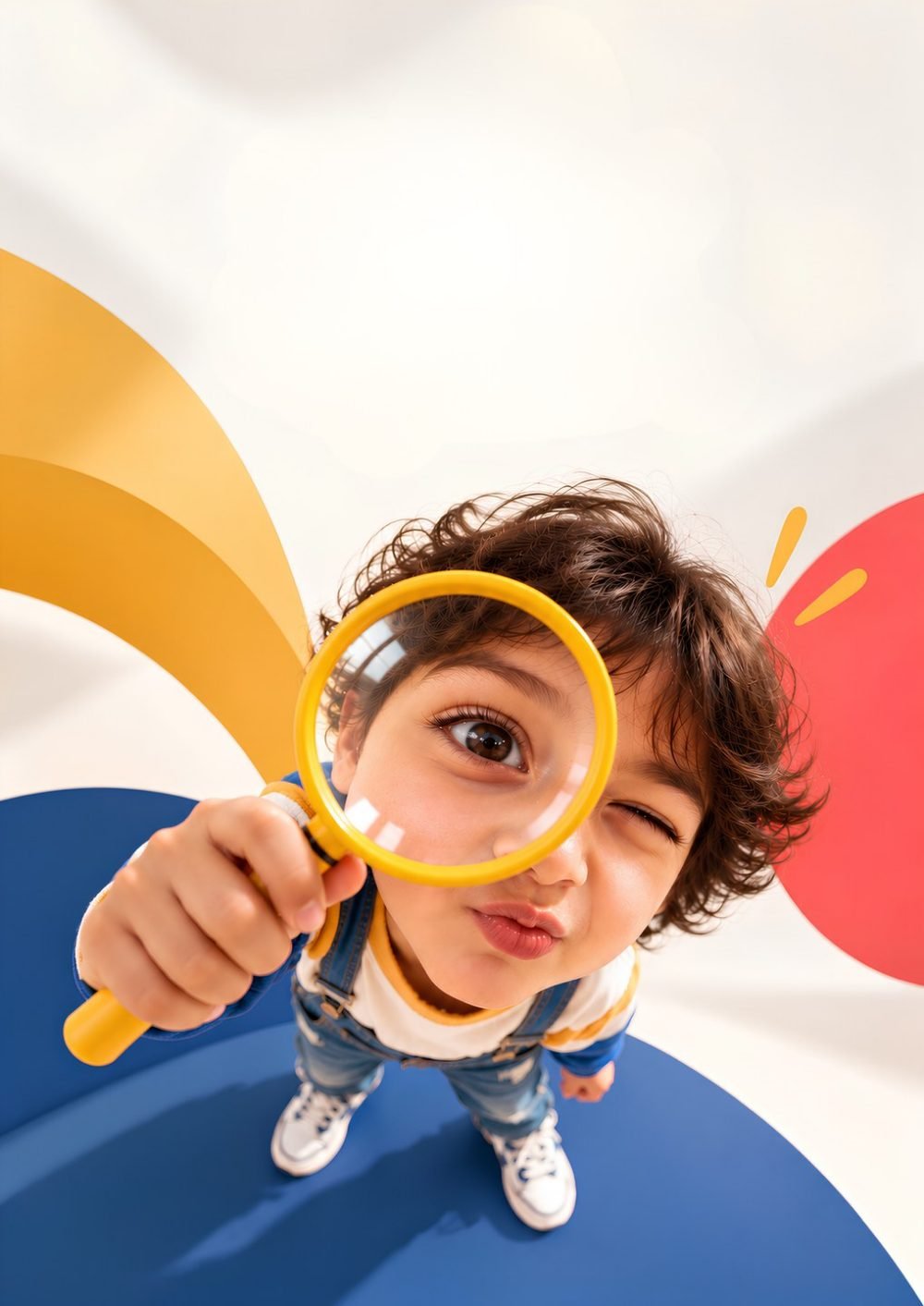 Curious child looking through a magnifying glass