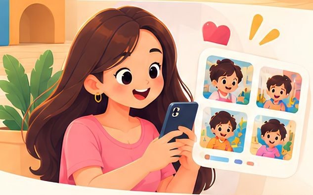 Parent smiling at photo updates on her phone