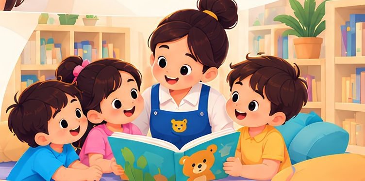 Caregiver reading a story to children
