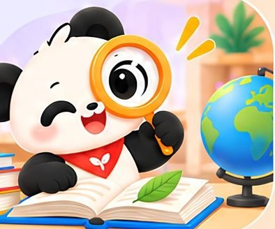 Panda with magnifying glass and books