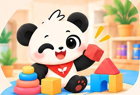 Panda playing with blocks