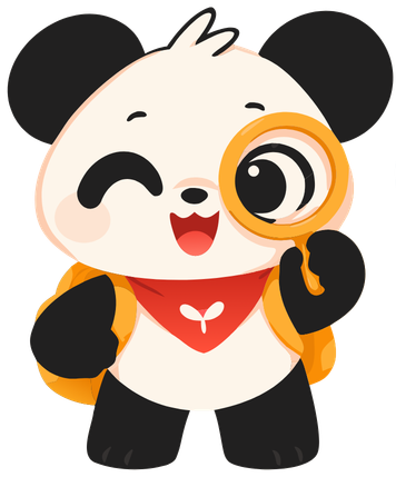 Mello Kids panda mascot with magnifying glass