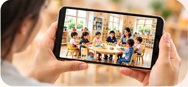 Parent viewing live classroom CCTV on a phone